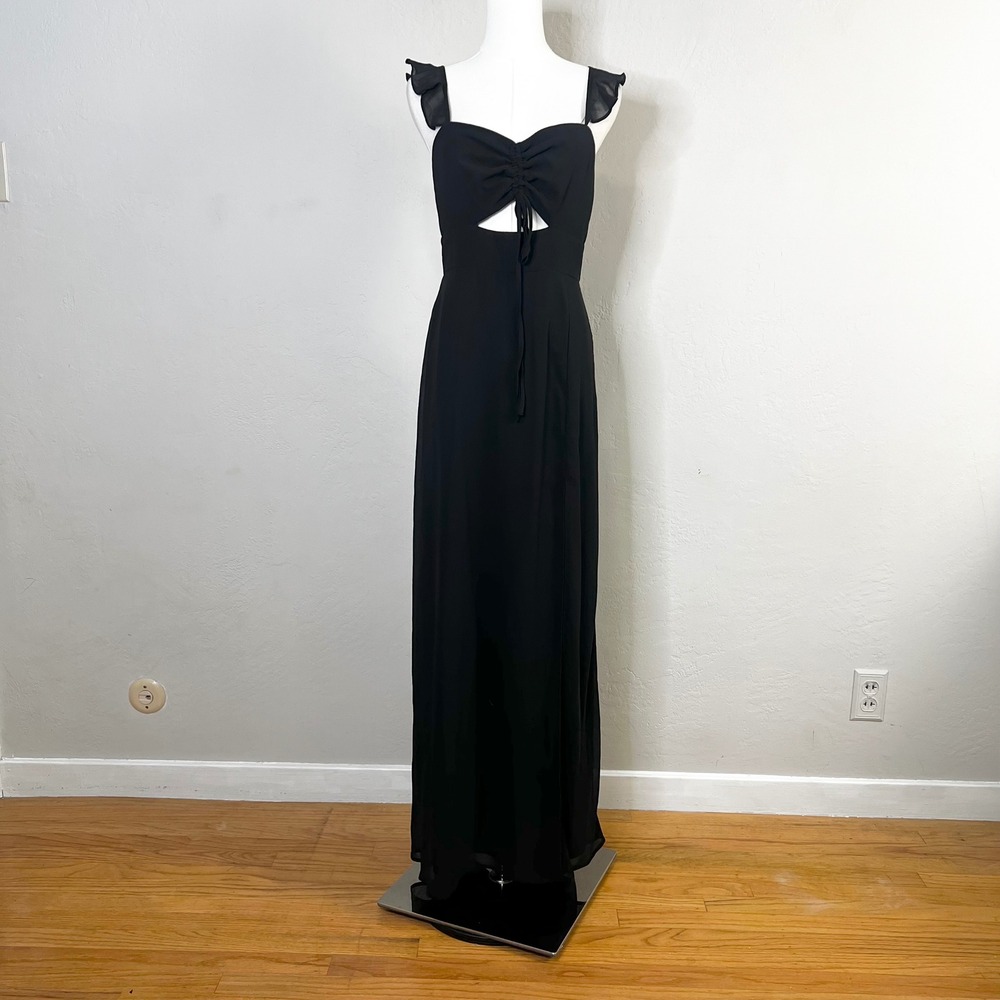Lulus Maxi Dress Black Ruched Cutout Tie‎ Ruffle Straps Formal The Way Small